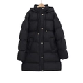 Women's black hooded long puffer jacket with gold metal buttons on a wooden hanger - XS / Black
