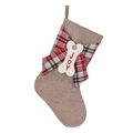 Brown burlap Christmas stocking with JOY bone tag and red plaid ribbon bow - JOY Bone Tag / Beige Burlap Style