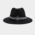 Detail of black wide-brim fedora with ethnic woven band and turquoise stone accent - Style 4-Ethnic Braided Turquoise Metal Lace Decoration