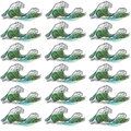 Set of 18 green ocean wave embroidered patches in a detailed 6x3 matrix layout - Sea Wave Embroidery Patch Collection Set