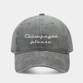 Detail of Champagne Please embroidery on vintage washed grey cotton baseball cap - Adjustable / Gray