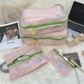 Set di organizer da viaggio rosa impermeabili con cerniere verdi a contrasto - Piccolo / Quadri grigio e rosa