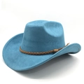 Detail of sky blue suede jazz fedora featuring a woven brown leather tassel band - M (56-59cm) / Peacock Blue (Suede)