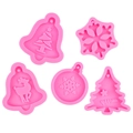 Five pink silicone Christmas molds featuring bells, snowflakes, and Merry tree patterns - Style 1-5 Set / Pink