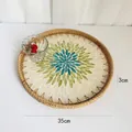 Handwoven rattan serving tray with blue shell floral inlay, 35cm round storage platter - Lake Blue Leaves / Large 35*3cm