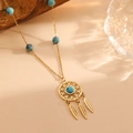 Golden dreamcatcher necklace with turquoise beads and feather pendants on gold chain - Dreamcatcher Style (A721)