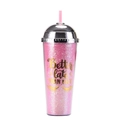 Pink glitter double-walled straw cup with metallic dome lid and lash graphic - Style J/Pink Glitter Better Late