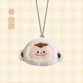 Ciondolo scimmia di peluche bianco con viso rosa e cordino a righe bianche e nere - Versione Cordino a Righe / Bianco latte