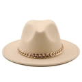 Close-up of beige wool felt fedora featuring a stylish gold chunky metal chain detail - Beige