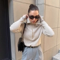 Slim-fit oatmeal rib-knit sweater featuring a high neck half-zip hooded design for women - S / Apricot