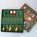 6-piece gold stainless steel Christmas spoons and forks set with Santa decorations - Gold - Figure A Spoon & Fork 6pcs Xmas Green Box