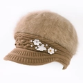 Women's knit rabbit fur beret in beige with 3D pearl flower details and brim - One Size / Khaki