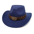 Chapeau de cowboy en laine bleu marine avec ruban léopard et emblème de crâne de taureau - M (56-58cm) / Bleu marine