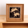 Square natural wood photo frame with artistic rabbit illustration for tabletop display - Tan