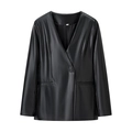 Detail view of black faux leather jacket with deep V-neck and single button closure - S / Black