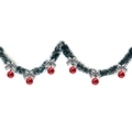 Green Christmas tinsel garland with white tips, silver bows and red ball ornaments - Dark Green White Edge + 6 Red Balls + 6 Silver Bows
