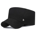 Classic black cotton flat top army cap with square metal emblem in minimalist outdoor style - Adjustable (55-60cm) / Black