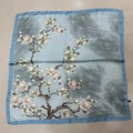 Elegant light blue square silk scarf with traditional landscape and magnolia print - Fashionable Antique Floral Light Blue Square Scarf / 65