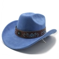 Detail of blue suede cowboy hat featuring embroidered ethnic band and turquoise stud decoration - M (56-58cm) / Sky Blue