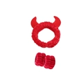 Red cartoon devil horn plush headband and wristband set for face washing and makeup - Headband & Wristband Set / Red