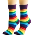Detail of colorful rainbow striped crew socks with reinforced purple toe and heel - One Size / Purple Trim