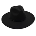 Close-up of a classic black wool felt fedora hat featuring a stylish belt buckle band detail - Black (Belt Style)