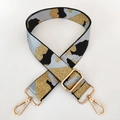 Close-up of camouflage woven bag strap with metallic gold thread and gold lobster clasps - Light Blue Gold Thread + Gold Buckle