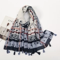 Blue-gray and beige floral scarf with tassels and leaf print in a flat lay style - 180*90CM / Blue Gray Beige Plant Print (XB913-02)