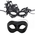 Set of two black masquerade masks including intricate lace and sleek satin designs - Black Set (PVC Zorro + Phoenix Lace)
