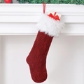Red knitted Christmas stocking with white plush trim hanging with gift box inside - 46cm / Dark Red