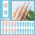 Long coffin press-on nails with light blue V-French design and daisy floral patterns - CBLCY-70 Blue Nude Daisy