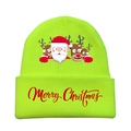 Close-up of neon green knit hat featuring red Merry Christmas embroidery and festive deer - Fluorescent Green-Style E