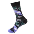 Black crew socks with abstract eye patterns and purple toe detailing in pop art style - One Size / Black Pop Art Eye (1024)