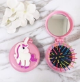 Pink unicorn folding hairbrush with integrated mirror and colorful massage bristles - Pink Folding Comb - Pony A