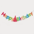 Colorful Happy Birthday banner with paper party hat and candle decorations for kids - Colorful Birthday Hat Style