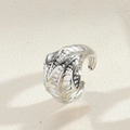 Adjustable silver cross ring with textured leaf details in a minimalist 14K gold-plated style - Wing Embossed / Silver