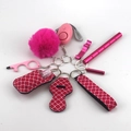 Pink personal safety keychain set with alarm, whistle, and clover pattern wristlet - 19-Pink Clover