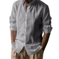 Men's grey long sleeve cotton linen shirt with band collar and breathable fabric - Iron Grey