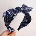 Navy blue paisley knot headband for women featuring white retro floral patterns - Navy Blue