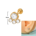 Gold plated bear paw stud earring with white crystals and 6mm labret post length - US Size 9