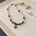 Ethnic style beaded necklace with tiger eye stones and turquoise teardrop pendant - Gold Brown