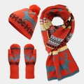 Winter knit set with red Christmas elk pattern including pompom hat, scarf, and gloves - Mittens Orange Red