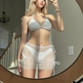 Three-piece white mesh drawstring bikini set with a textured cover-up skirt - S / White