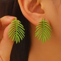 Vibrant bright green palm leaf drop earrings with pleated texture and matte finish - Hollow Multi-layer Leaf Shape (WG-0345) / Green