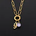 14K gold plated stainless steel paperclip necklace with Old English letter g and purple stone - Lowercase g