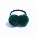 Kids elastic hair tie featuring two dark green plush pom-poms on a black band - Green