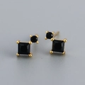 Golden S925 silver square and round black zircon stud earrings with geometric design - Golden (Black Stone)