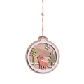 Round wooden Christmas pendant with pink elk and green tree cutout on white background - Round Reindeer
