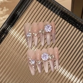 Pink cat-eye press-on nails with purple crystals, pearls and 10pcs rhinestone accents - Cloud Gauze (Pink Purple Cat Eye)