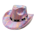 Holographic sequin cowboy hat with colorful fish scale pattern and metal studs - M (56-58cm) / Pink